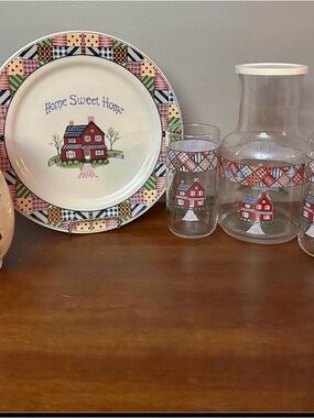 Home Sweet Home Pattern Decorative Plate and Glassware Set - Cream & Red